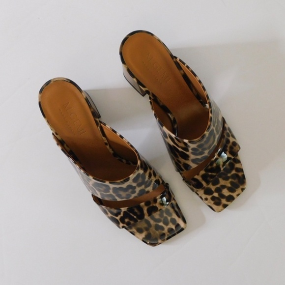 M. GEMI The Zola Camel Leopard Print Patent Leather Sandals Mules Shoes 38.5 8 - Picture 8 of 13